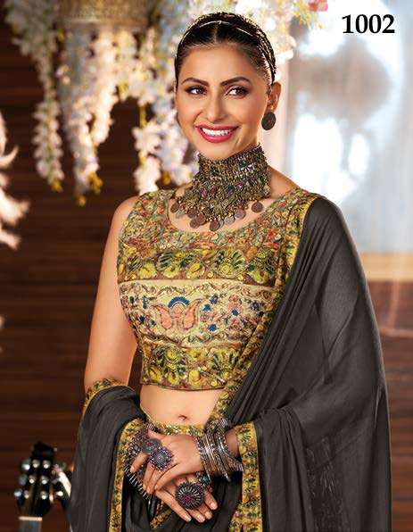 S3 Forever-Dholida-Floral Printe Manipuri Silk Crop Top With Hand Embroidery Work Umbrella Gher Silk Skirt AND Chiffon Dupatta Dupatta-1002